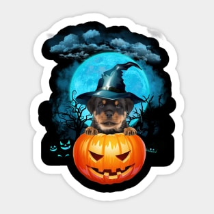 Rottweiler Witch Hat Pumpkin And Blue Moon Halloween Sticker